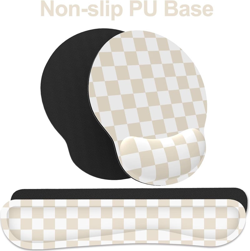 JIGOO Ergonomic Mouse Pad with Wrist Rest and Keyboard Wrist Rest, Mousepad and Keyboard Pad, Non-Slip Rubber Base, Pain Relief, Mouse Pad with Wrist Support for Gaming, Computer, Office, Beige Checkered - Image 4